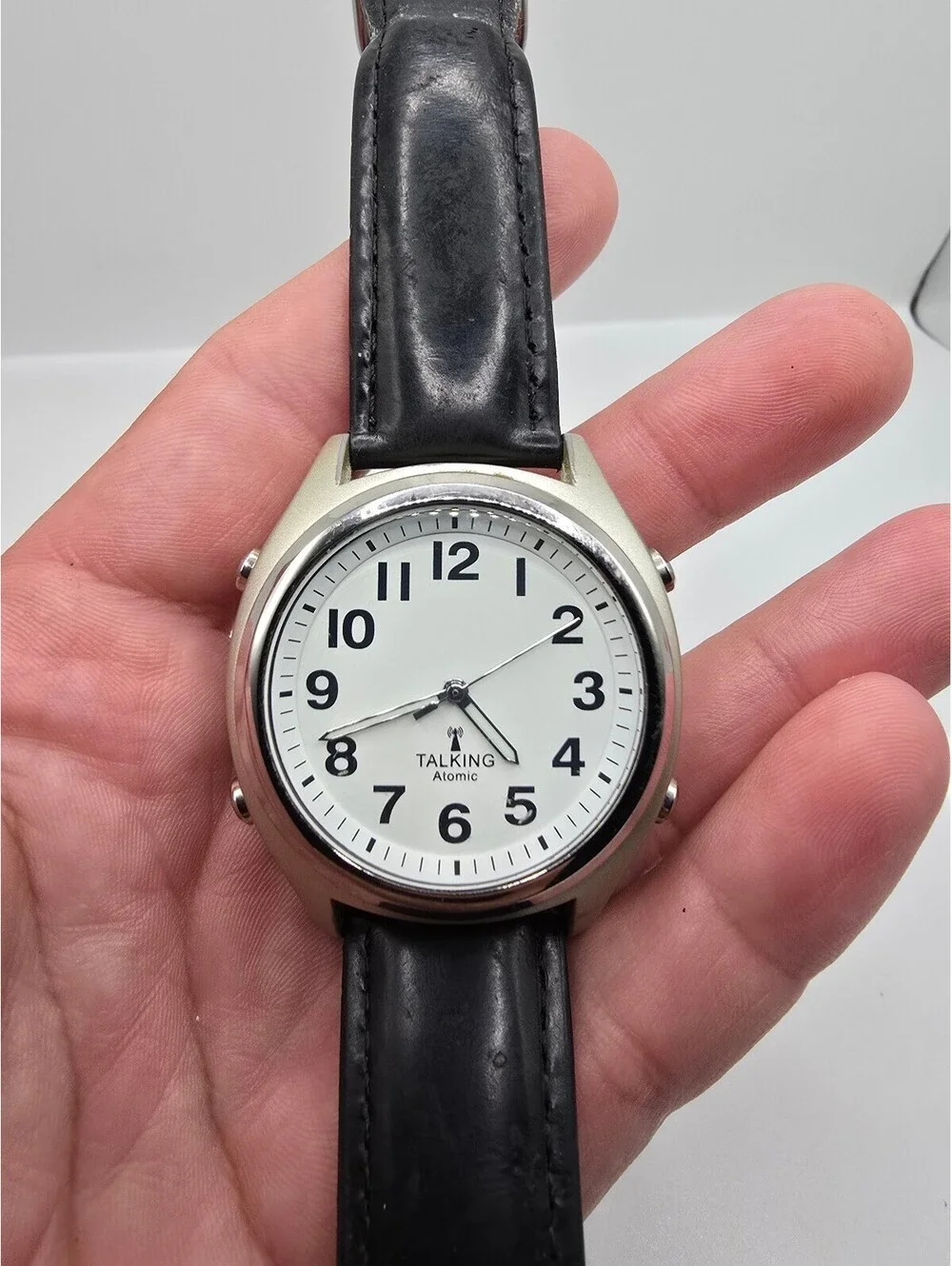 Talking Atomic Radio Controlled Quartz Analog Watch White Dial Black Leather